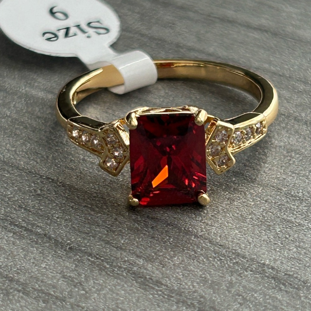 Size 9 | 18K Gold Filled Ruby Red CZ Statement Ring | AAA CZ Stones | New ✨